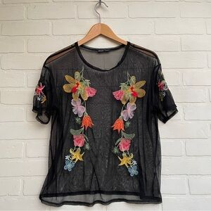 Zara Floral Embroidered Sheer Black mesh Top